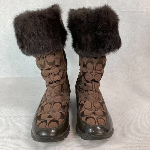 Coach Boots Women‎ Sz 7.5 Brown Signature Logo Print Joyous Fur Cuff Winter Snow - Picture 2 of 7